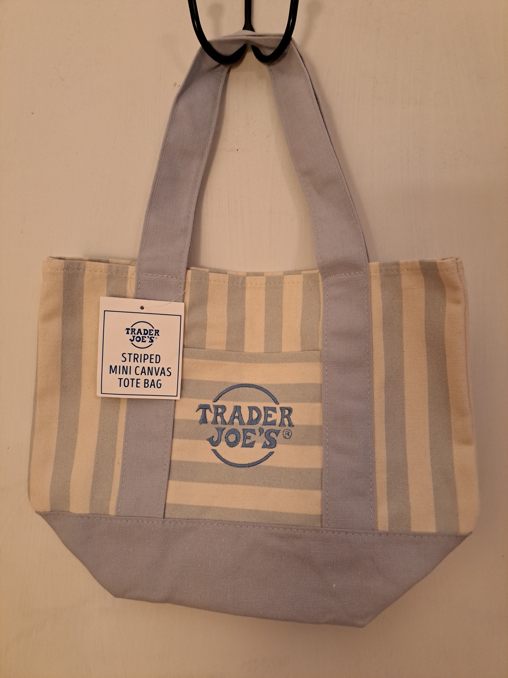 TRADER JOES's Just released Striped Mini Canvas Tote Bag in Beige & Light Blue